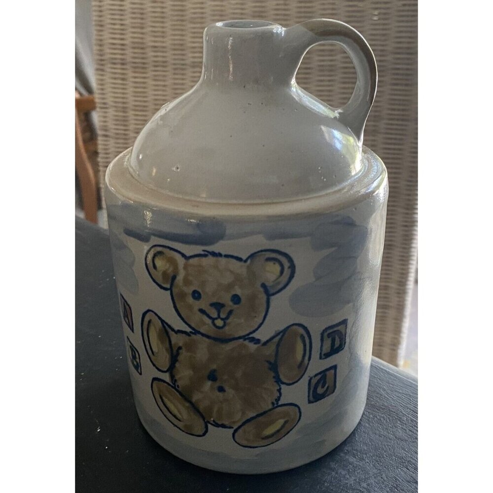 Vintage Louisville Stoneware Coin Bank Jug Teddy Bear Alphabet Blocks Kentucky